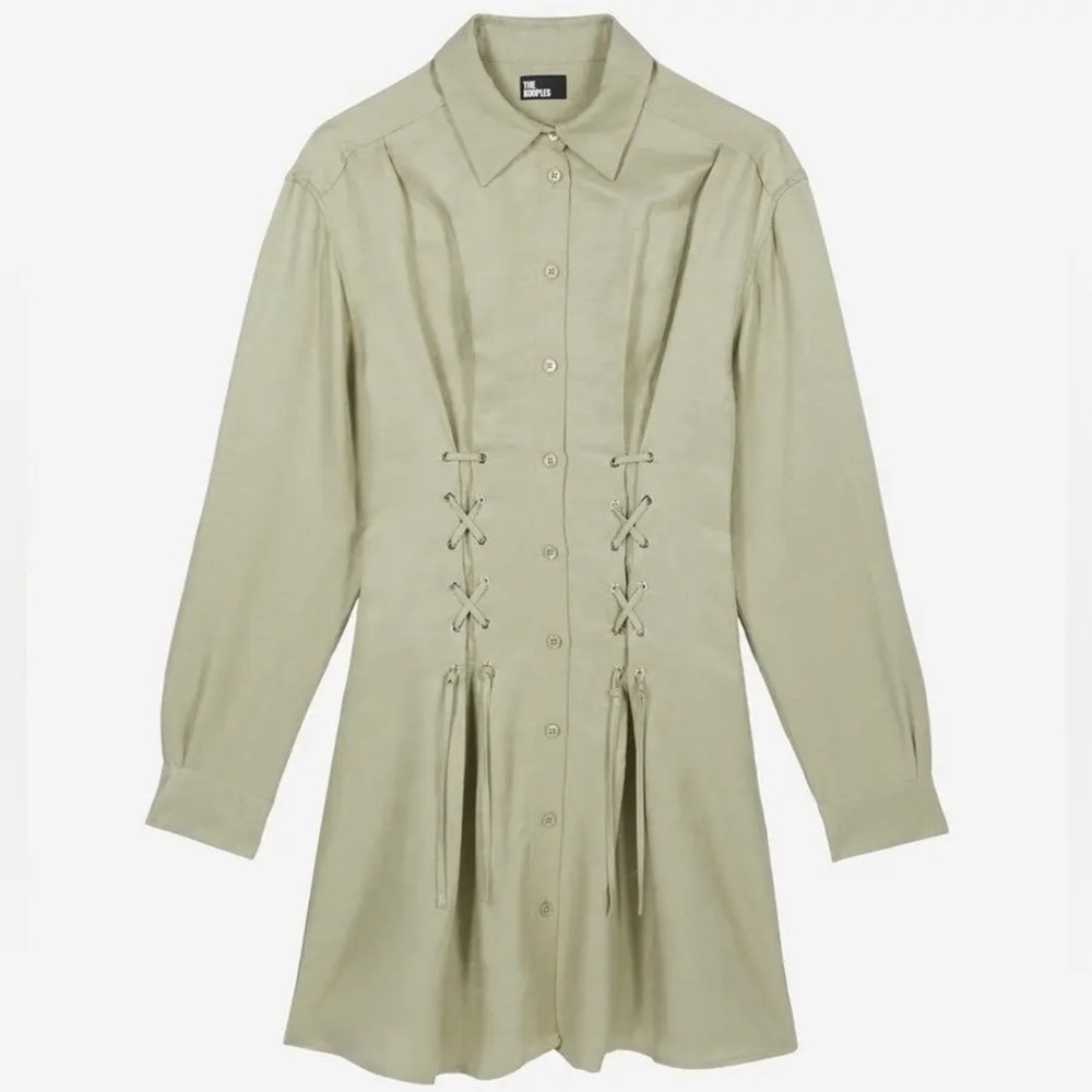 The Kooples Sage Green Long Sleeve Lace-Up Shirt Dress